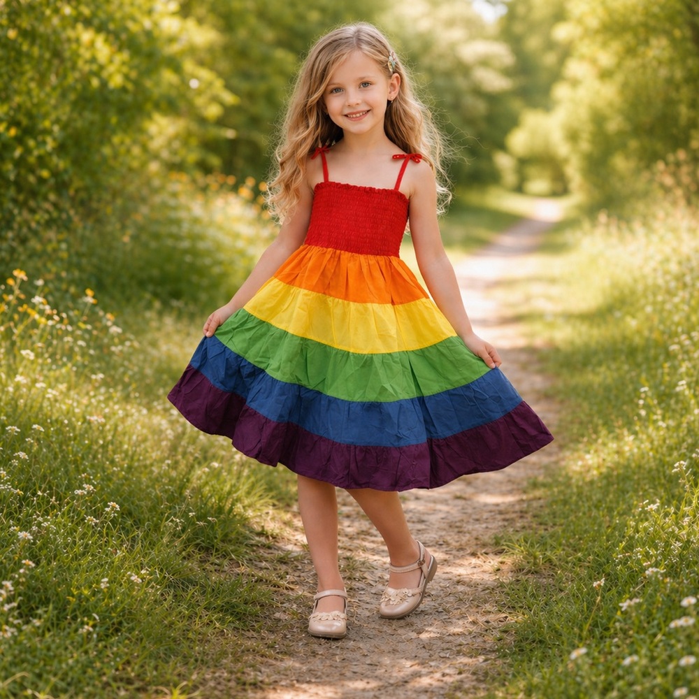 Multi-Color Rainbow Tiered Maxi Spin and Twirl Sun Dress Sizes 2-7